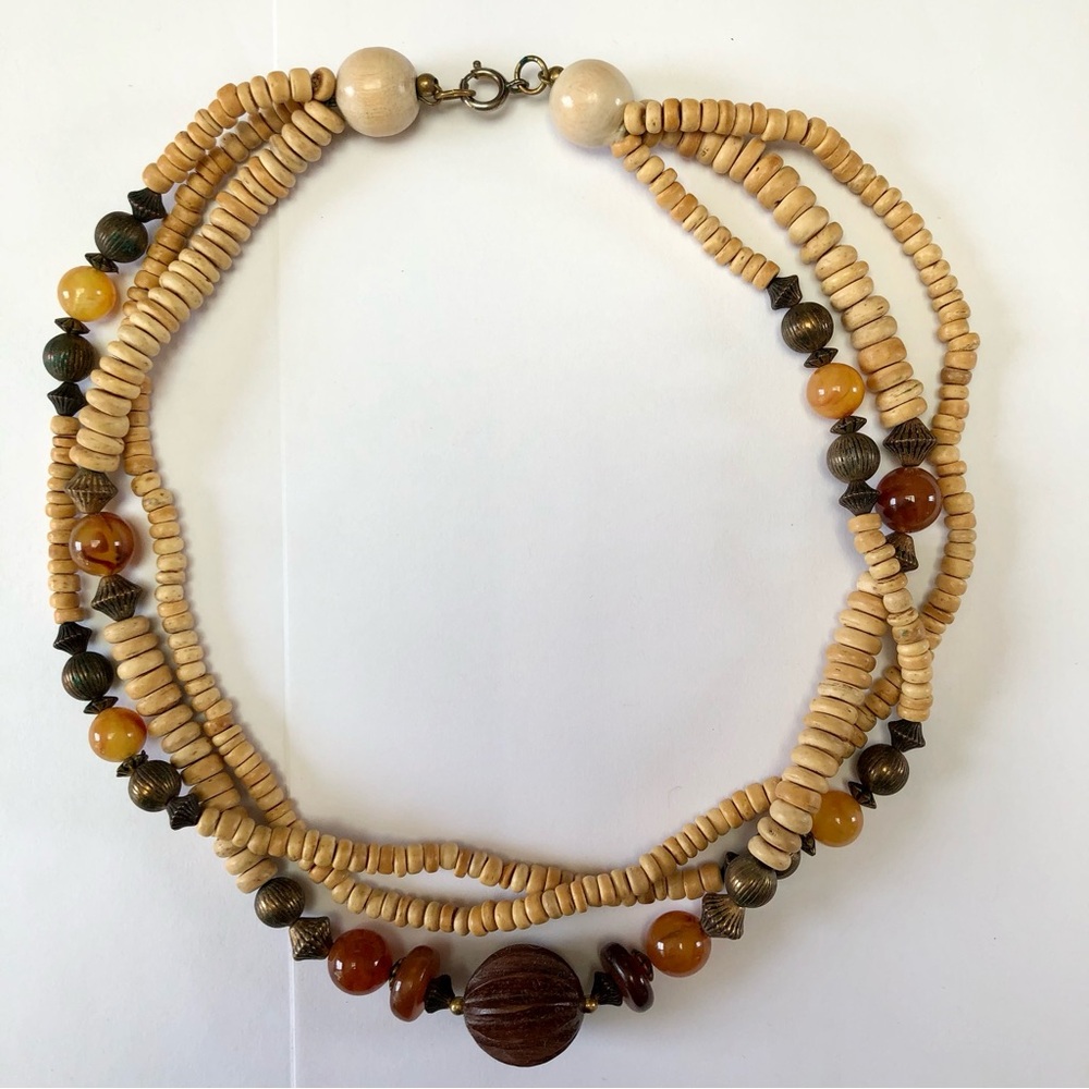 Vintage necklace wood metal beads boho rustic statement tribal